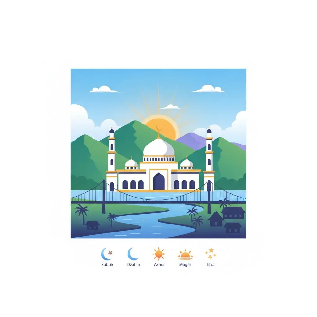 A wide shot of a mosque at dawn or dusk, with a silhouette of a person performing prayer in the foreground, facing the Qibla. Soft, natural light, serene atmosp