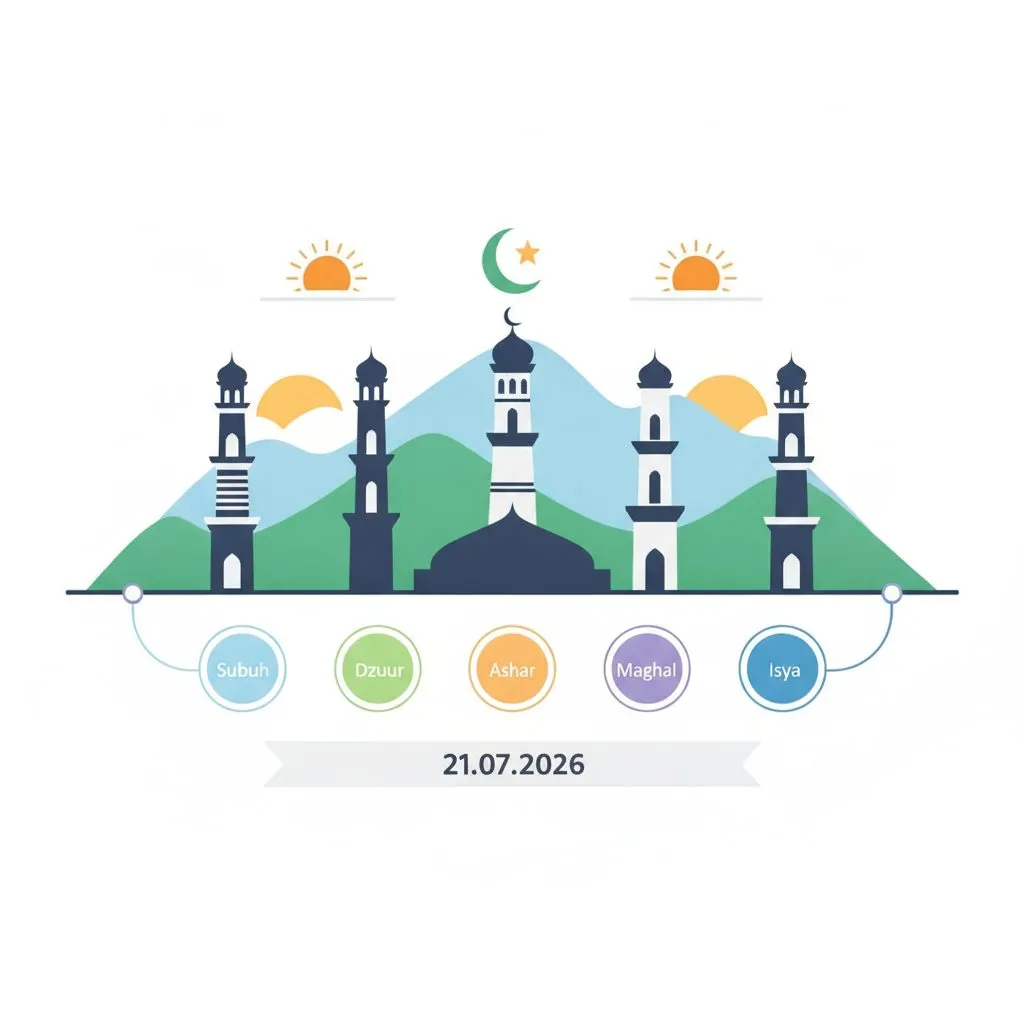 Wide shot of a mosque in Sumatera Selatan at dawn, with subtle light, no people visible or only a silhouette of one person walking towards the mosque. Serene at