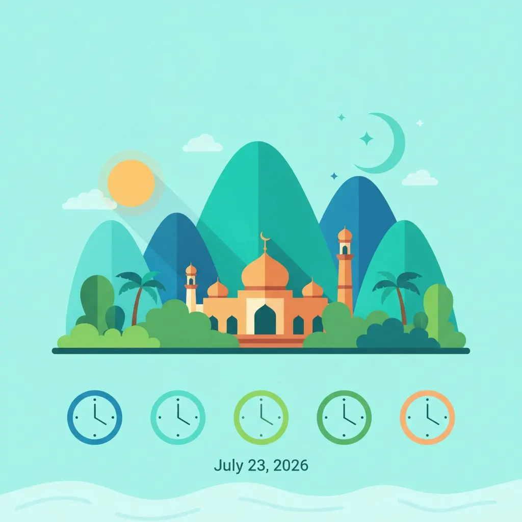 Wide shot, a mosque's minaret silhouetted against a serene dawn sky, a few faint stars still visible. The sky transitions from dark blue to soft orange and pink