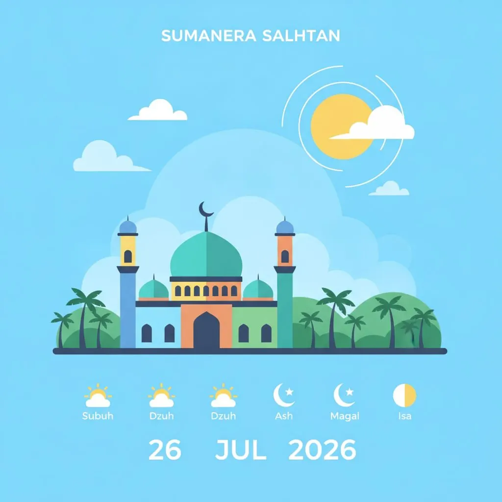 Wide shot of a mosque in Sumatera Selatan at dawn, with the sky showing early morning light. A lone figure in silhouette walks towards the mosque. No people's f