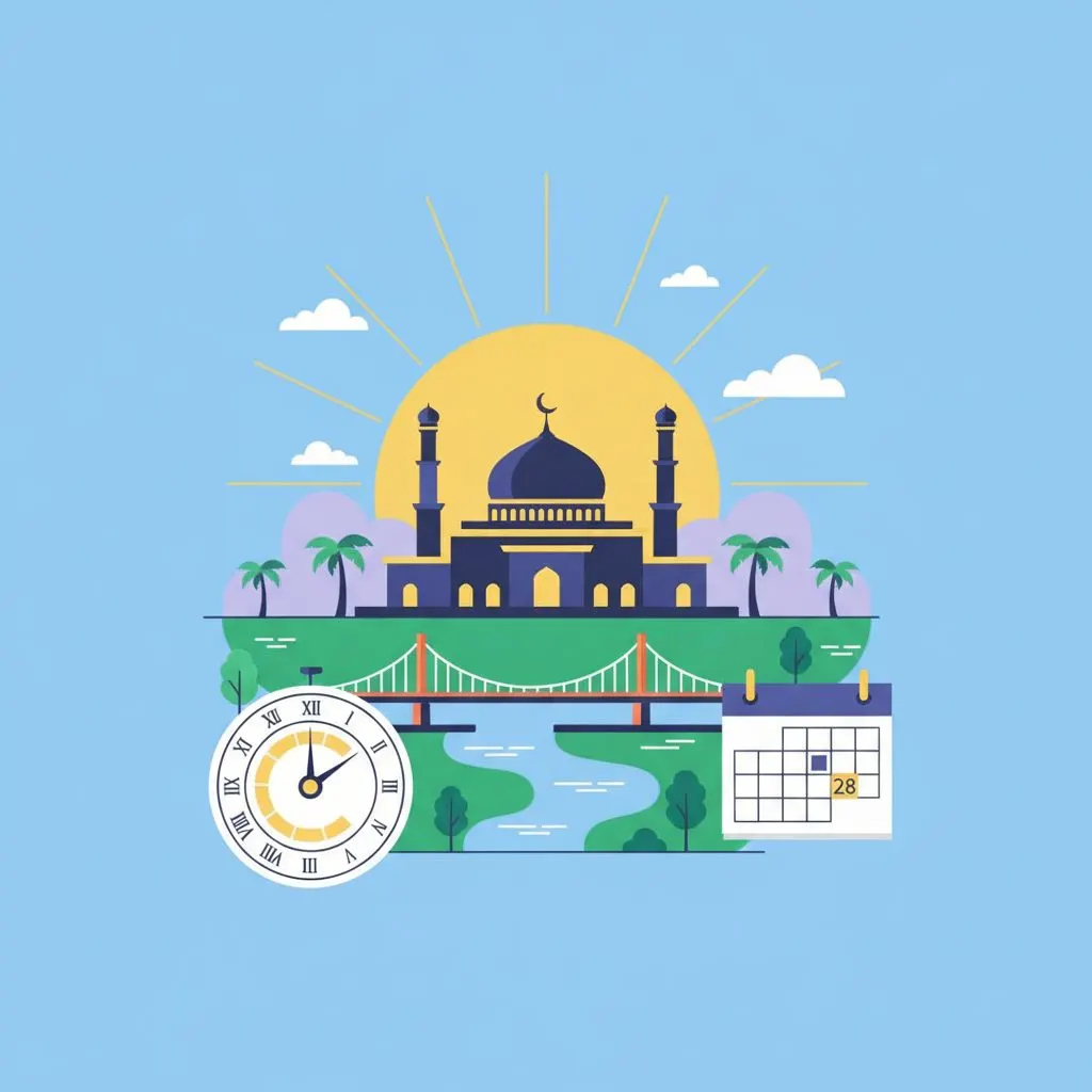 A wide shot of a mosque at dawn or dusk in a serene setting, with soft lighting. No visible people, or a silhouette of a lone worshipper walking towards the mos