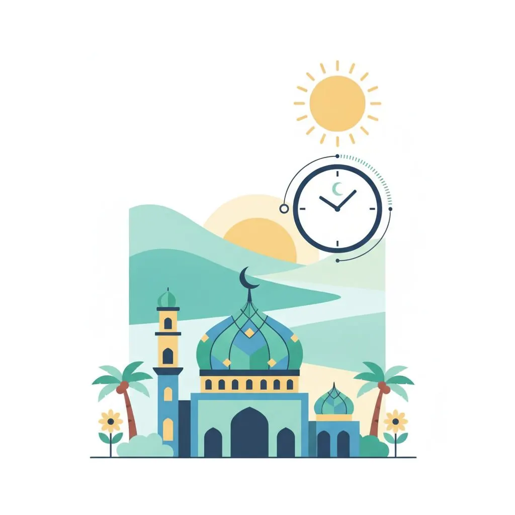 Wide shot of a mosque at dawn or dusk in Sumatera Selatan, Indonesia, with a soft, warm light. The sky shows early morning or late evening hues. No people visib