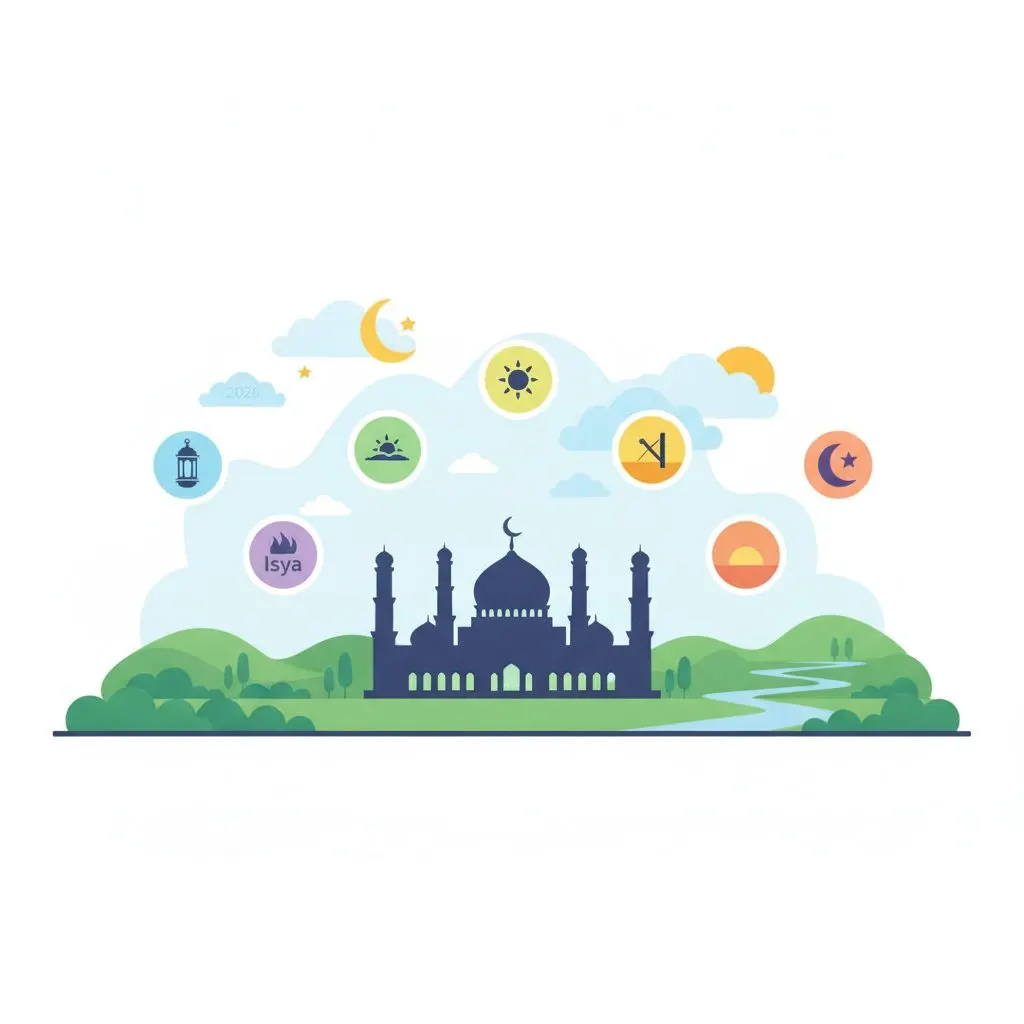 A wide shot of a mosque at dawn or dusk in a serene setting, perhaps with a few silhouettes of people walking towards it. Soft, warm lighting. No identifiable f