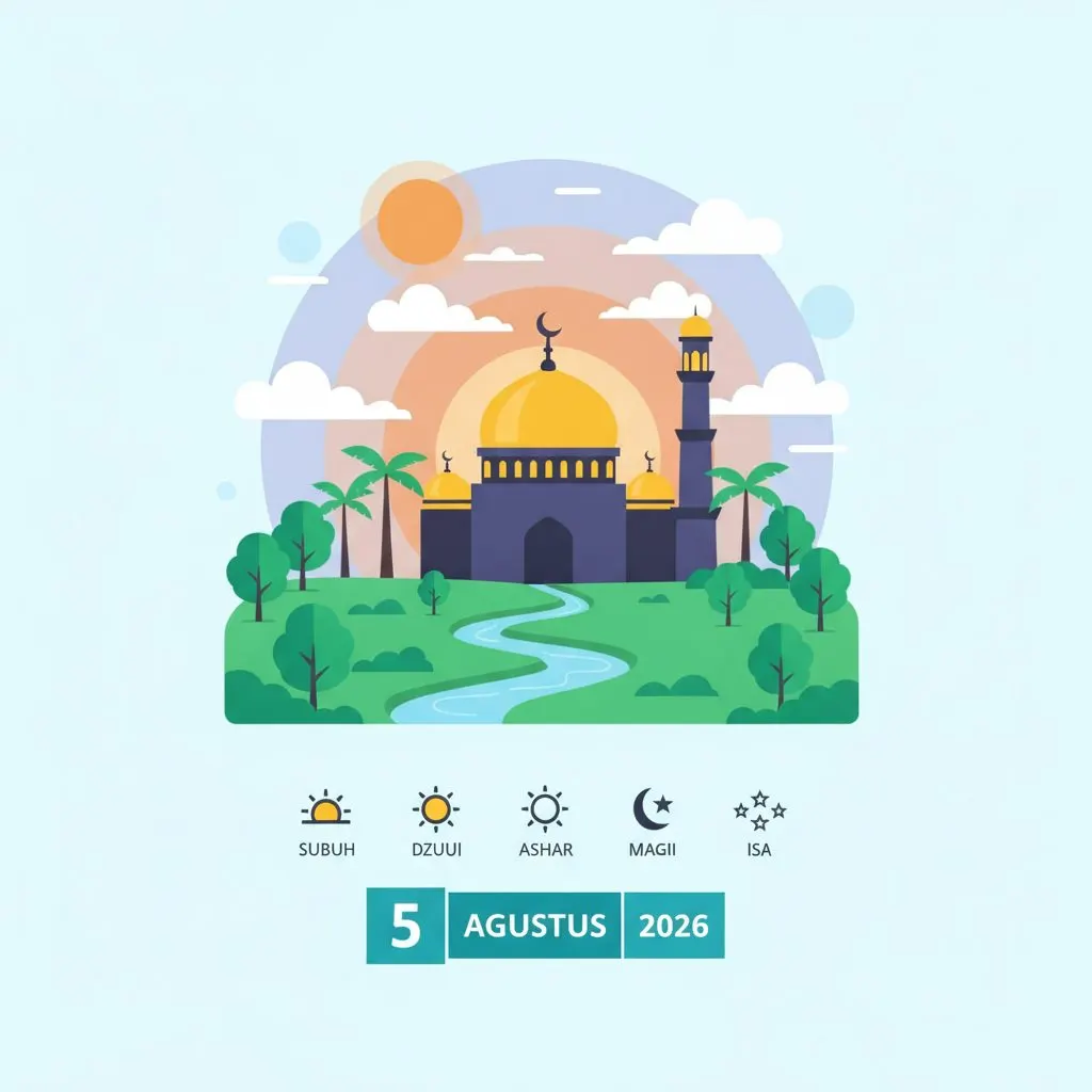 A wide shot of a mosque at dawn in Sumatera Selatan, Indonesia. The sky is a soft blend of pre-sunrise colors, with a few early morning worshippers walking towa