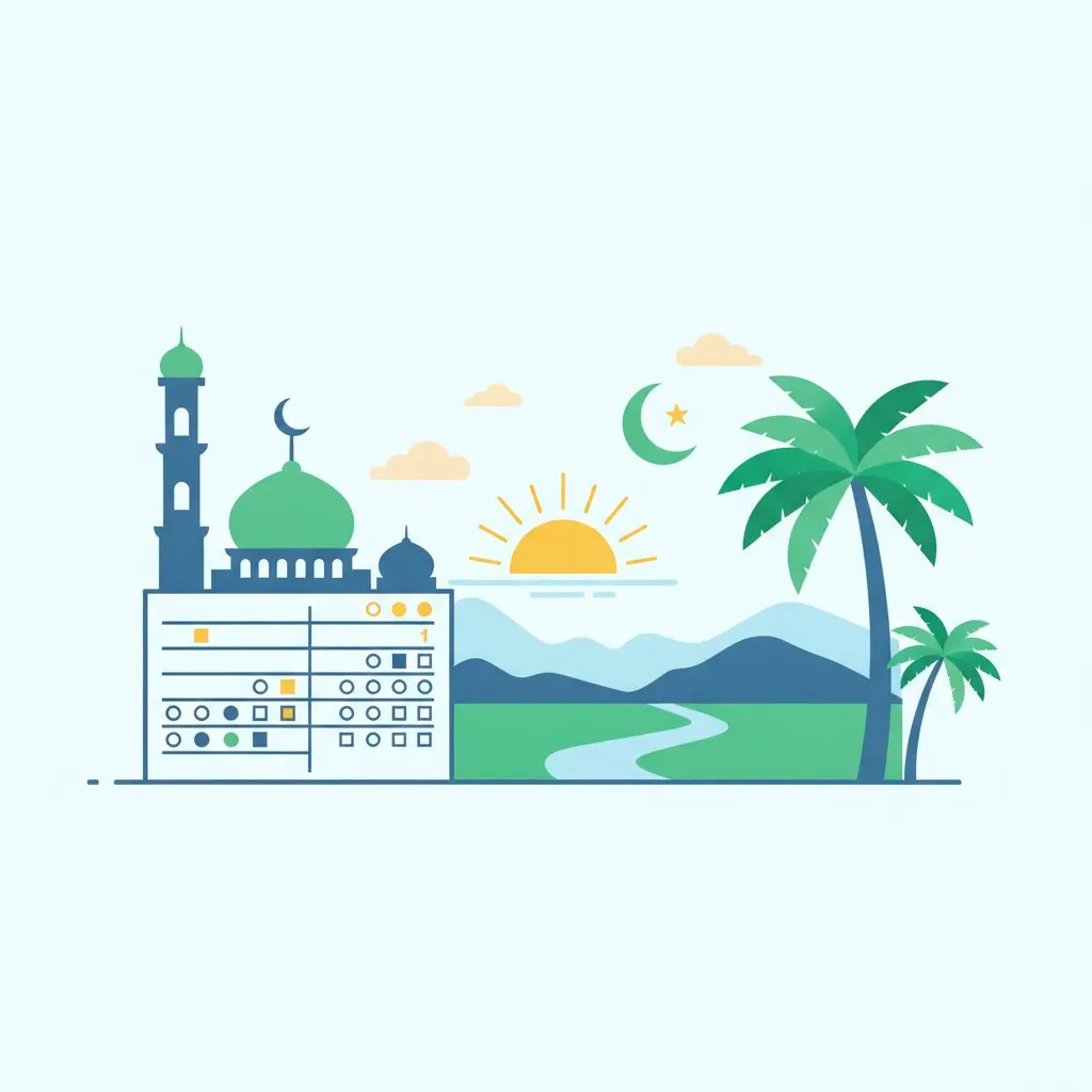 Wide shot of a mosque in South Sumatra at dawn, with a few people walking towards it, silhouette against the rising sun. Calm and spiritual atmosphere. No faces
