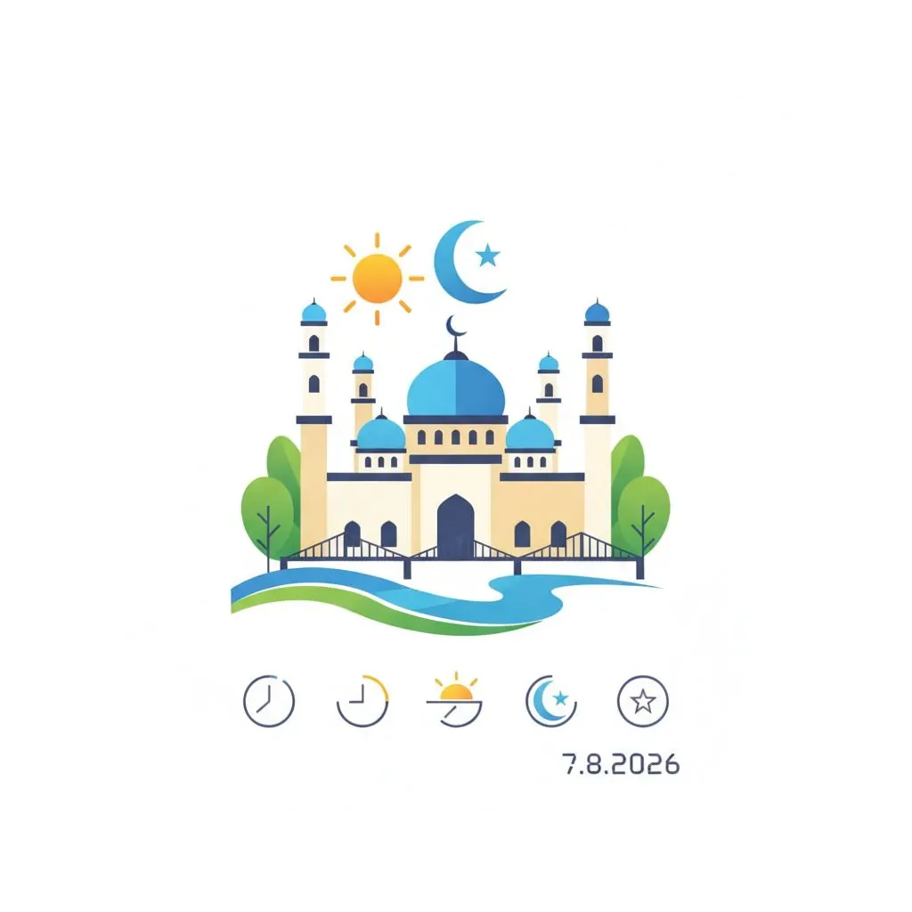 A wide shot of a mosque at dawn or dusk in a serene setting, silhouetted against a colorful sky. Focus on the architecture and atmosphere, no people visible or